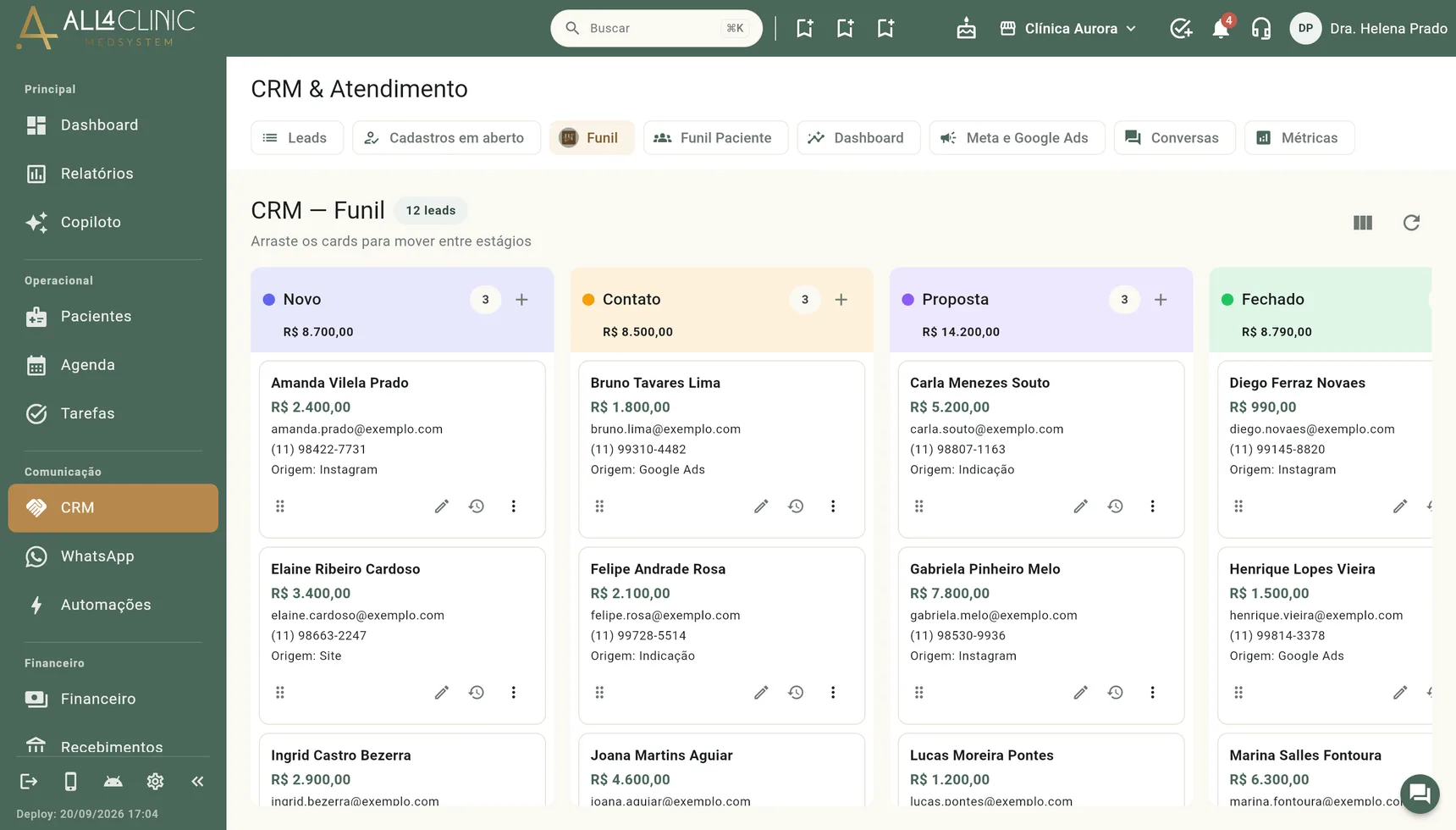 Funil do CRM em kanban com os leads distribuídos pelos estágios