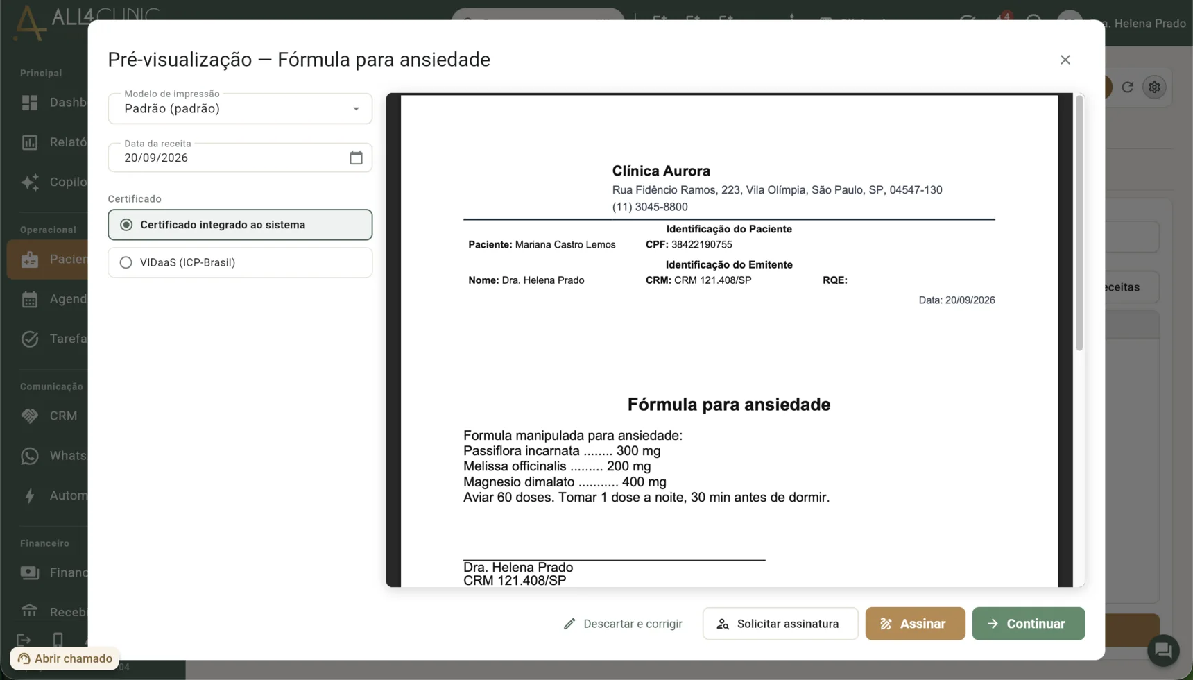 Prévia da receita gerada a partir de um modelo, com o timbre da clínica, os dados do paciente e do emitente, e o botão de assinar