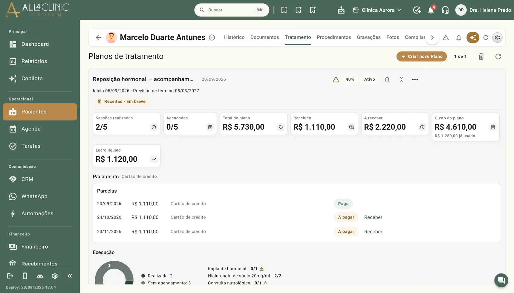 Plano de acompanhamento do paciente, com as sessões, o valor total e a forma de pagamento